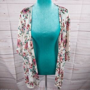 Mason + MacKenzie Pink Floral Open Cardigan Womens Size Medium Dolman Sleeves